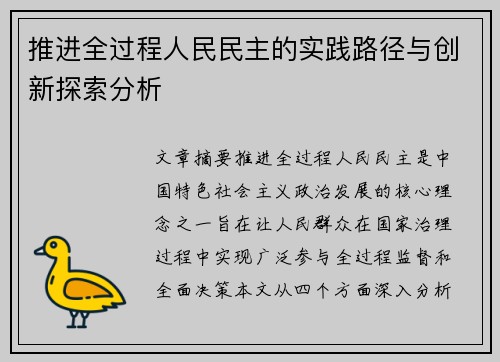 推进全过程人民民主的实践路径与创新探索分析